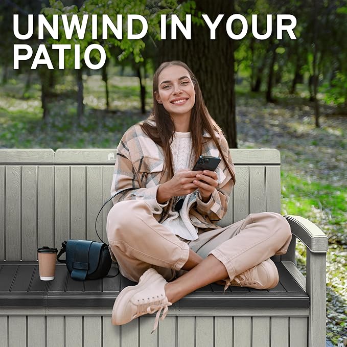 EconoHome 3 Seat Outdoor Storage Bench with Rain Cover - 90 Gallon Capacity - Weatherproof Resin Bench for Patio, Porch, Garden, Yard, Pool Area - Furniture for Pool Accessories, Gardening Tools-VerdiqueGarden