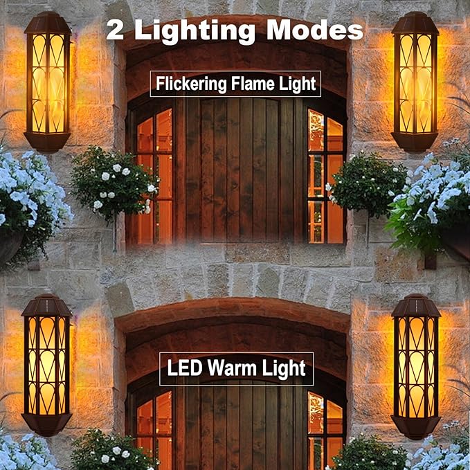 KINGLEAD 4 Pack Flickering Flame Solar Wall Lights - Outdoor Waterproof, Sensor with 2 Lighting Modes, Vintage for House Garden Porch Backyard Patio-VerdiqueGarden