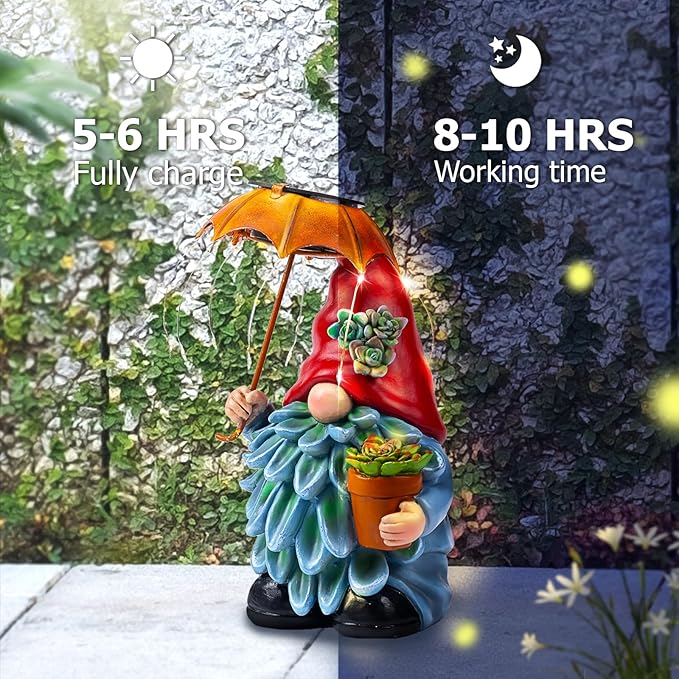 Solar Outdoor Statues Gnome Garden Decor, Garden Gnome with Solar LED Umbrella Decorative for Patio, Balcony, Lawn, Yard Ornament - Unique Gardening Gifts for Mom Grandma-VerdiqueGarden