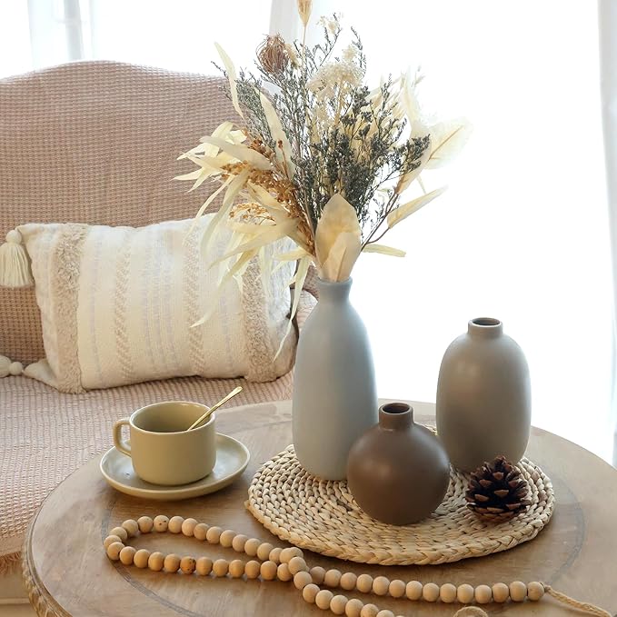 CUCUMI Ceramic Vase Set of 5, Home Decor Farmhouse Décor Handmade Pottery Vases for Pampas Grass, Dried Fresh Flowers, Table, Living Room, Kitchen, Shelf, Entryway Mantel Neutral Tones-VerdiqueGarden