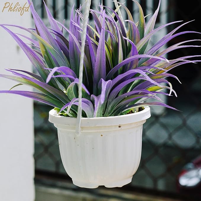 6Pcs Artificial Grass Fake Plants 17.3in Outdoor Plants UV Resistant Faux Greenery Stems Fake Grass for Home Window Garden Office Patio Pathway Front Porch Halloween Décor Green & Purple-VerdiqueGarden