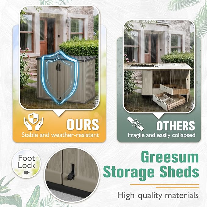 Greesum Outdoor Horizontal Storage Sheds 27 Cu.ft Resin Large Storaged Box Weather Resistance, Without Shelf, Easy to Assemble, Prefect for Garden, Patios, Backyards, Beige-VerdiqueGarden