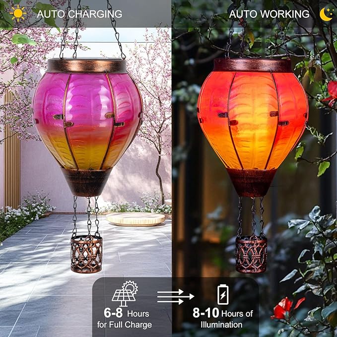 Hot Air Balloon Solar Lantern with Flickering Flame Light Outdoor Solar Hanging Lights Waterproof for Garden Yard Farmhouse Patio Pathway Outside Decoration, Pink&Orange-VerdiqueGarden