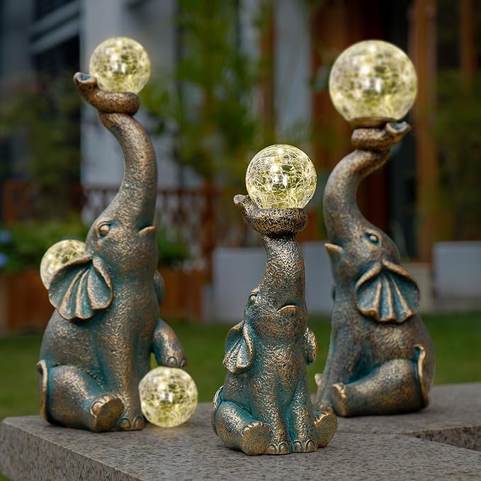 MININOVA Garden Decor Outdoor Statues Elephant with Cracked Glass Ball, Cute Solar Figurine for Patio, Lawn, Yard Art Ornament Decorations (8 LED Lights)-VerdiqueGarden
