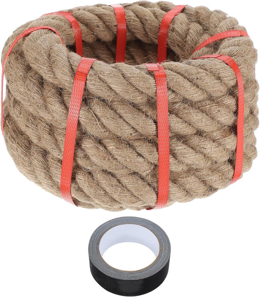 MECCANIXITY Jute Rope 0.55 Inch x 33ft, Thick Twine Rope Ropes Braided Jute Twine Natural Brown Burlap Cord String Heavy Twisted with Tape for Decorative Crafts Railing Swing Tug of War-VerdiqueGarden