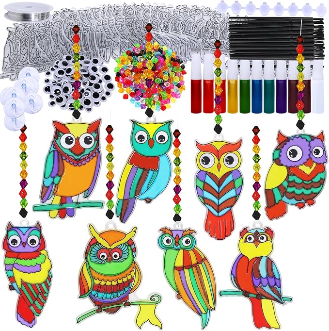 Winlyn 24 Sets Owl Suncatchers Ornaments Decorations DIY Window Paint Art Suncatchers Owl Craft Kits Sun Catchers for Kids Home Classroom Winter Holiday Season Fall Christmas Activities Party Favors-VerdiqueGarden