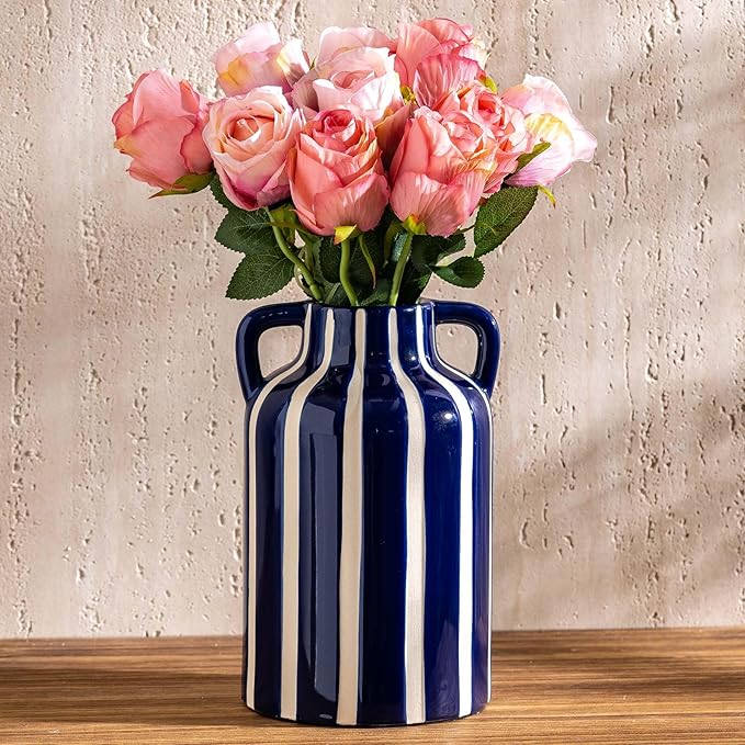 Ceramic Blue and White Checkered Stripes Vase with Handles, Modern Bohemian Floral Navy Blue Vases for Centerpieces, Cottage Core Home Decor, Flower Vases for Bouquet Mantle Bedroom Bookshelf 9.1 in-VerdiqueGarden