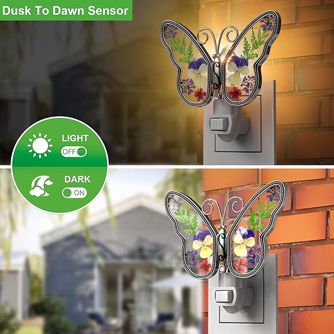 KY&BOSAM Butterfly Night Light Plug into Wall Night Lights Real Flower Glass and Metal Nightlights for Hallway Nursery Bedroom Bathroom Kids Room Kitchen Stairway Accent Elegant Themed Home Decoration-VerdiqueGarden