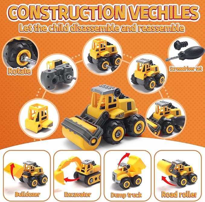 Play Construction Sand Kit,2.2lbs Magic Sand W/4 Large Take Apart Construction Trucks,1 Sandbox,8 Worker Figures and Road Signs,8 Molds,Toys for 2-8 Years Old Boys Girls-VerdiqueGarden