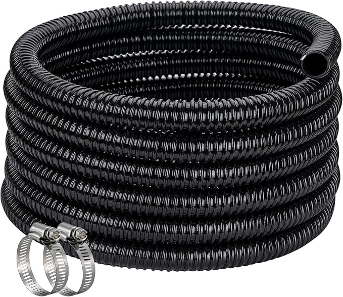 Pond Hose ID 1-1/2” × 50ft Black Corrugated Flexible Reinforced PVC Hose Vinyl Tubing for Pond Pump Fountain Garden Waterfall, Non-toxic & Kinkproof, with 2 clamps-VerdiqueGarden