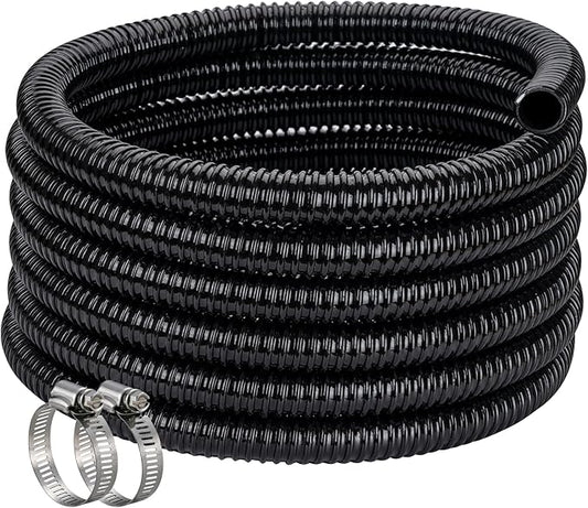 Pond Hose ID 2” × 25ft Black Corrugated Flexible Reinforced PVC Hose Vinyl Tubing for Pond Pump Fountain Garden Waterfall, Non-toxic & Kinkproof, with 2 clamps-VerdiqueGarden