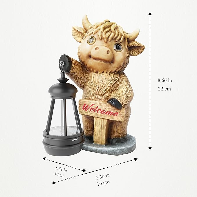 Highland Cow Statues with Solar Lights, Highland Cow Resin Figurine Lights, Highland Cow Ornaments for Patio, Balcony, Indoor Decoration and as Gifts-VerdiqueGarden