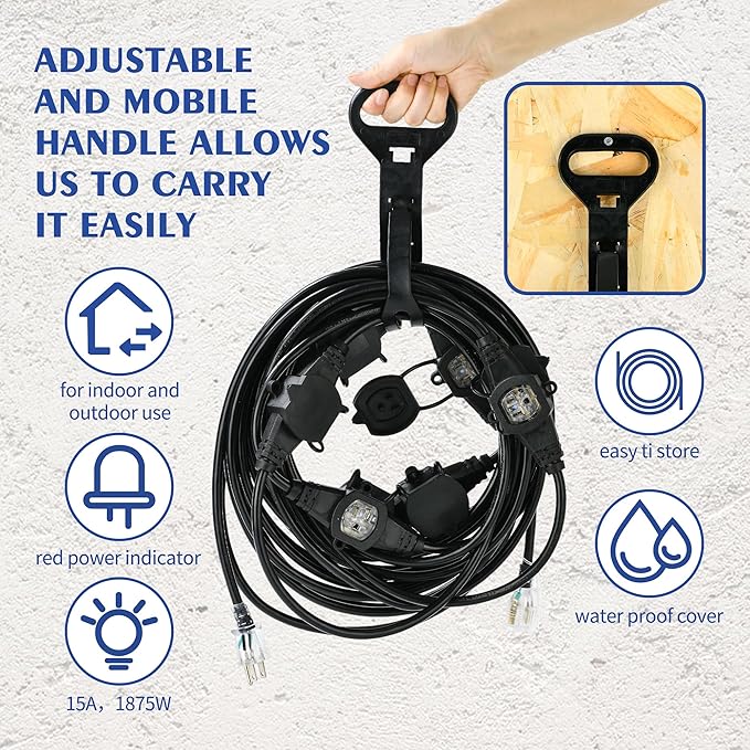 50FT 14 Gauge Heavy Duty Multi-Outlet Extension Cord, 7 Evenly Spaced Weatherproof Outlets, Great for Stage Backdrops, Landscape Garden Lighting, Christmas Halloween Decorations ETL-VerdiqueGarden