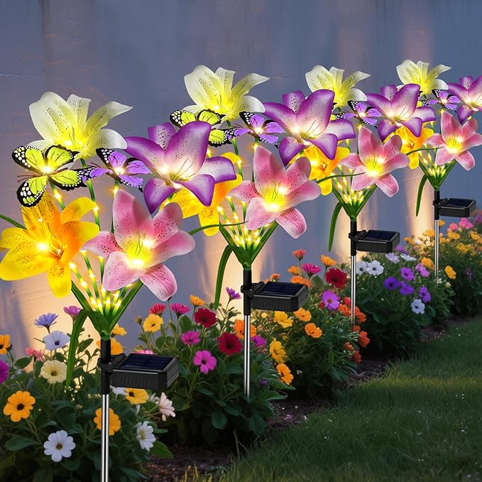 Solar Garden Lights Outdoor, 4 Pack Flower Lights for Outside, 16 Solar Lilies with Butterflies, Waterproof Garden Decor for Yard, Patio, Gifts for Women Mom (4 pcs Lilies)-VerdiqueGarden
