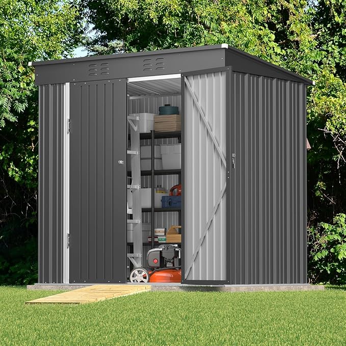 Gizoon 6' x 4' Outdoor Storage Shed with Double Lockable Doors, Anti-Corrosion Metal Garden Shed, Waterproof Shed Outdoor Storage Clearance for Backyard Patio Lawn-Dark Gray-VerdiqueGarden
