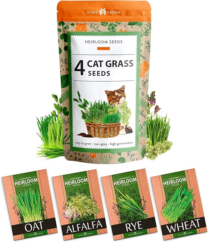 HOME GROWN Cat Grass Seed Mix – Non-GMO Oat, Alfalfa, Rye & Wheat Seeds for Cats | Indoor Pet Grass with Fast Germination | Digestive Aid, Hairball Relief & Safe Chew Alternative-VerdiqueGarden