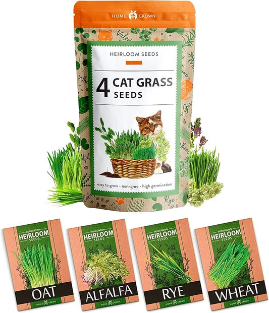 HOME GROWN Cat Grass Seed Mix – Non-GMO Oat, Alfalfa, Rye & Wheat Seeds for Cats | Indoor Pet Grass with Fast Germination | Digestive Aid, Hairball Relief & Safe Chew Alternative-VerdiqueGarden