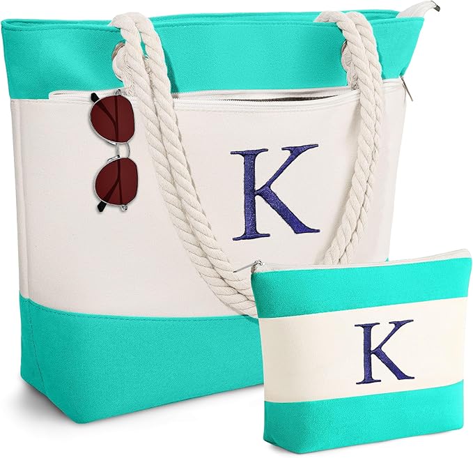 YOOLIFE Beach Bags for Women - Initial Tote Waterproof Bag with Makeup Bag, Mothers Day Gifts for Women Mom Friend Birthday-VerdiqueGarden