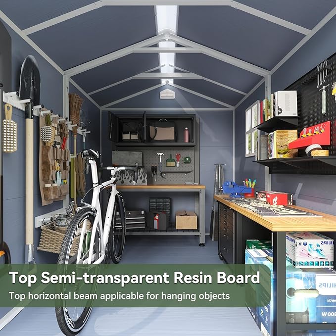 Aoxun 6X8 FT Resin Outdoor Storage Shed with Floor, Plastic Garden Shed with Lockable Door and Window, Tools House to Store Patio Furniture, Bike Accessories, Garbage Can and Lawn Mower - Grey-VerdiqueGarden