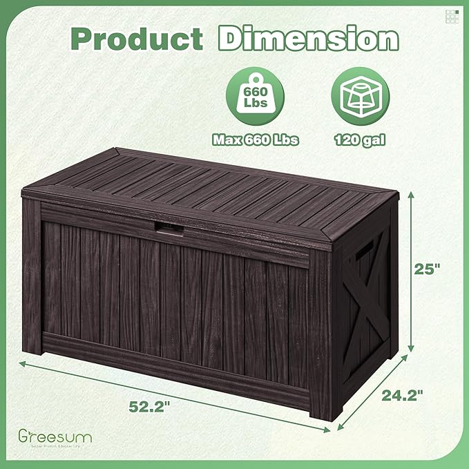 Greesum 120 Gallon Outdoor Storage Box with Lock - Large Resin Deck Box, Reinforced Lid for Garden, Patio, Lawn, Brown-VerdiqueGarden