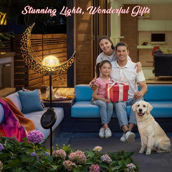 HOMEIMPRO 2Pack Moon Garden Solar Lights Outdoor Stakes Waterproof, Gifts for Mom, Crackle Glass Patio, Backyard Decorations, Balcony Lawn Ornaments, for Women Men Grandma (Bronze)-VerdiqueGarden