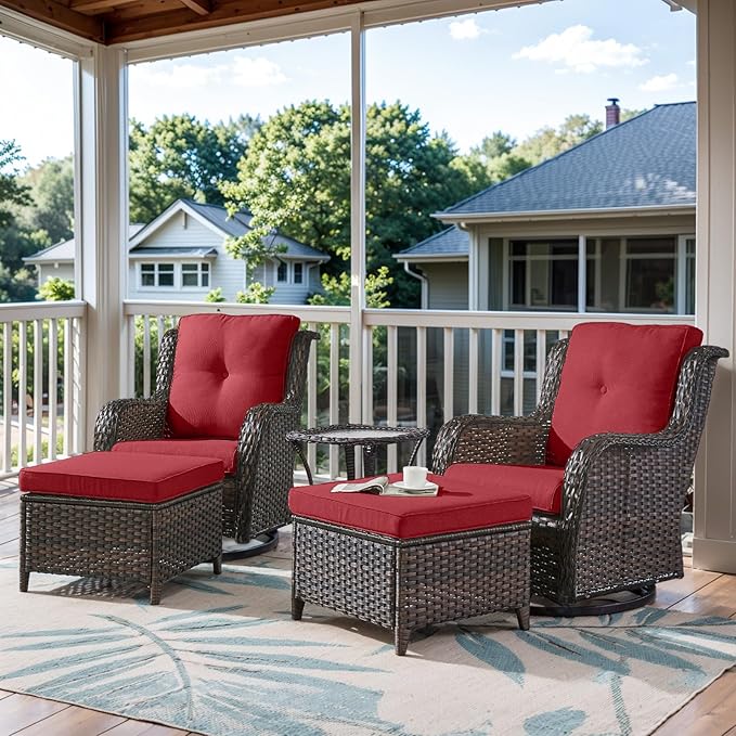 5 Pieces Patio Furniture Sets Wicker Outdoor Furniture, Rattan Patio Swivel Glider Chairs with 2 Ottoman and Glass Side Table-VerdiqueGarden