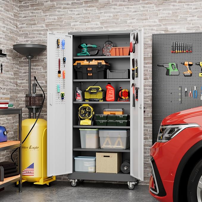 71" H×32" W×16" D Garage Storage Cabinet with Wheels & Pegboard, Locking Metal Storage Cabinet with Doors and 5 Adjustable Shelves & & 4 Hooks for Garage Warehouse Home Office, White and Gray-VerdiqueGarden