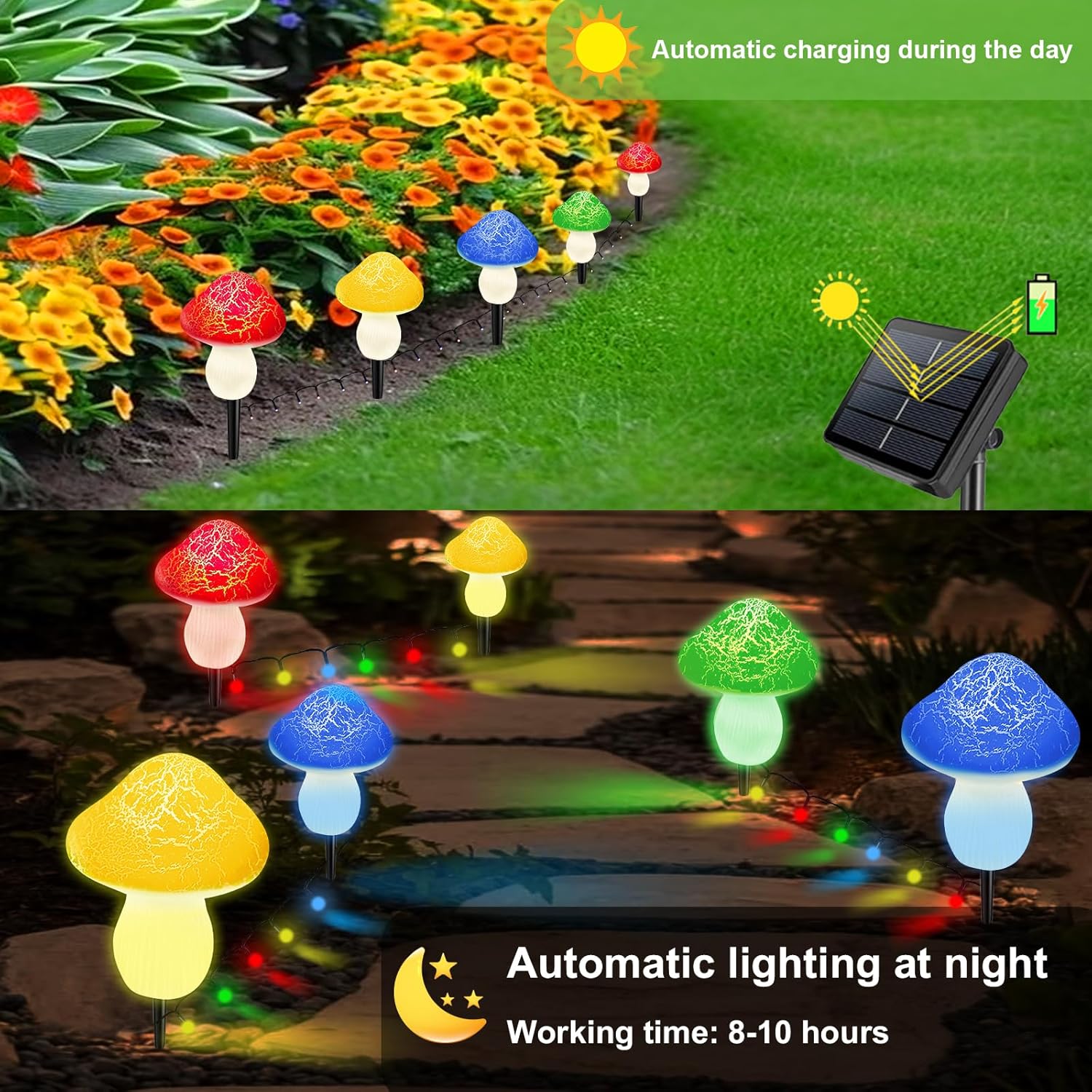 Mushroom Solar Lights Outdoor Decor - 8 Pack 50 LED Crackle Mushroom Lights, 23ft Solar Powered Fairy String Light with 8 Modes, Waterproof for Outside Garden Yard Patio Pathway, Colorful-VerdiqueGarden