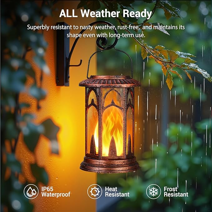 KOOPER Taller Solar Lanterns Outdoor Waterproof Hanging Solar Lantern Lights, 2Pack Upgraded Flickering Flame Lanterns Decorative Outdoor, Battery & Solar Powered lantern for Garden Yard Decor, Bronze-VerdiqueGarden