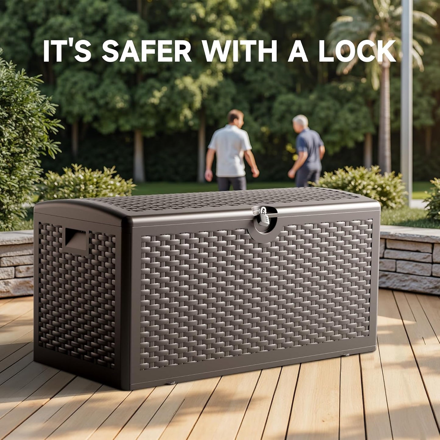80 Gallon Deck Box, Double Layer Waterproof Resin Outdoor Indoor Storage Box, Lockable & UV Resistant Storage Bin for Patio Furniture, Garden Tools, Pool Accessories (Brown)-VerdiqueGarden