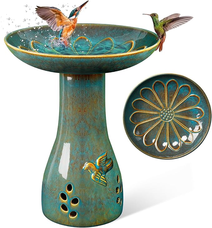 Ceramic Bird Bath for Outdoors, 21.5 inch Heavy Duty Bird Bath，Weather-Resistant Birdbath for Outdoor Garden Use, Attracts Birds, Elegant Yard Décor - Blue-VerdiqueGarden