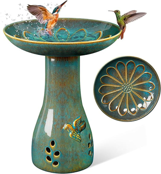Ceramic Bird Bath for Outdoors, 21.5 inch Heavy Duty Bird Bath，Weather-Resistant Birdbath for Outdoor Garden Use, Attracts Birds, Elegant Yard Décor - Blue-VerdiqueGarden