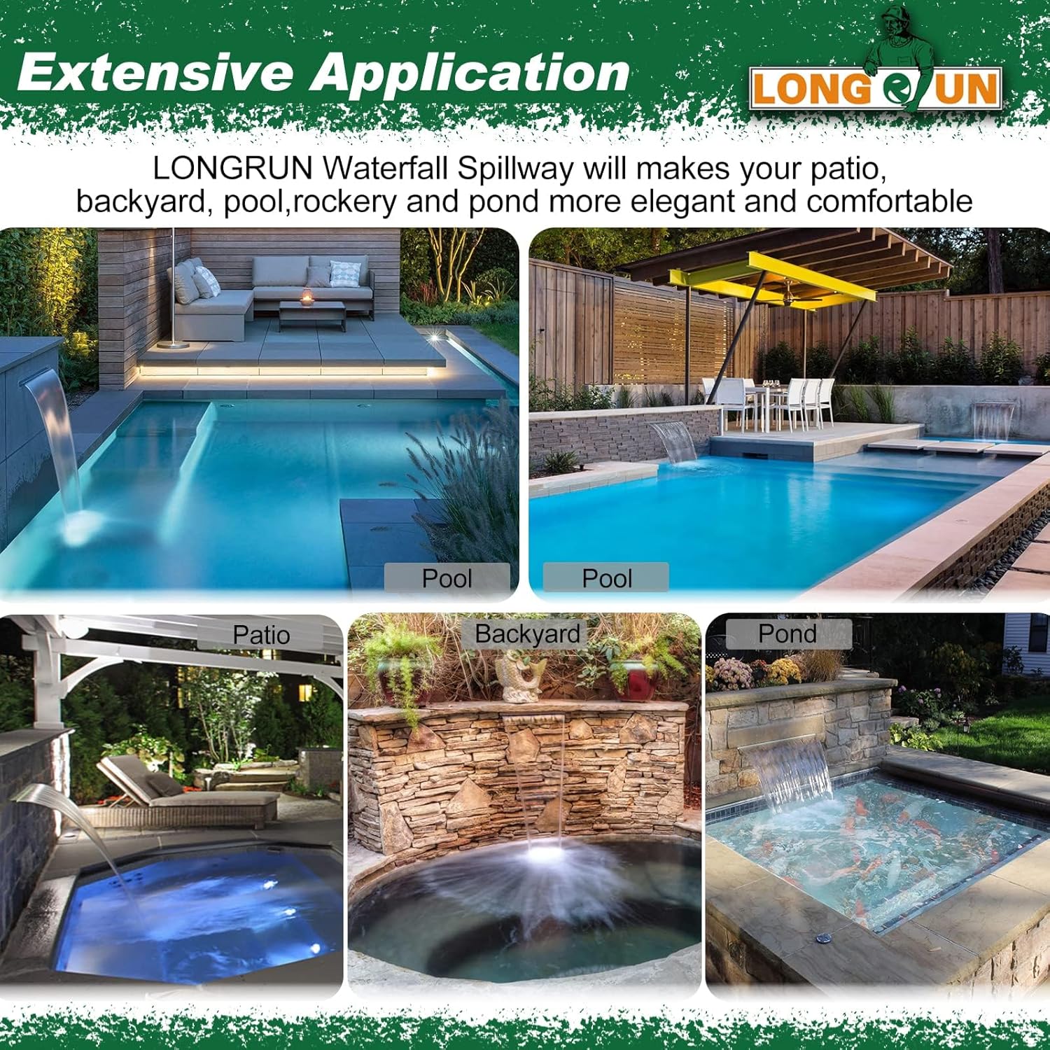 LONGRUN Acrylic Waterfall Spillway Multi-Color LED Light Pool Fountain, Water Spillway Outdoor Koi Pond Waterfalls Fountains Kit for Garden Koi Ponds Patio Swimming Pool Decoration-35.4"-VerdiqueGarden