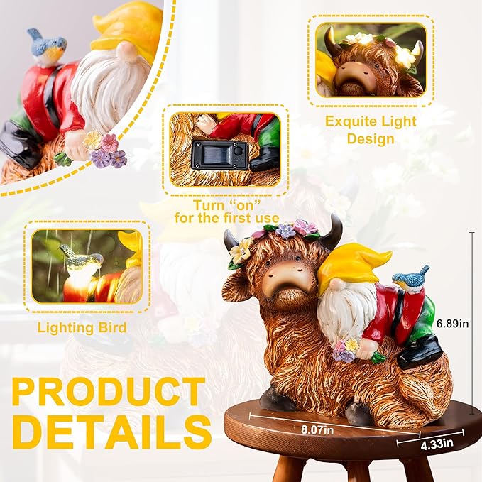 Garden Gnome Statue - Highland Cow with Solar Flower LED Lights and Bird - Funny Outdoor Decor for Table, Patio, Lawn - Unique Birthday Gifts for Mom, Women, and Christmas Decorations-VerdiqueGarden