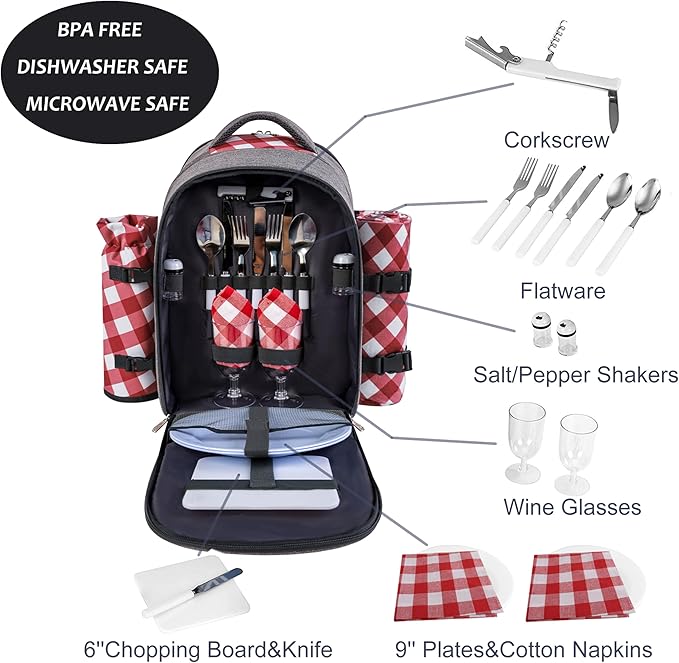 apollo walker Picnic Backpack Bag with Cooler Compartment, Detachable Bottle/Wine Holder, Fleece Blanket, Plates and Cutlery Set (2 Person, Gray)-VerdiqueGarden