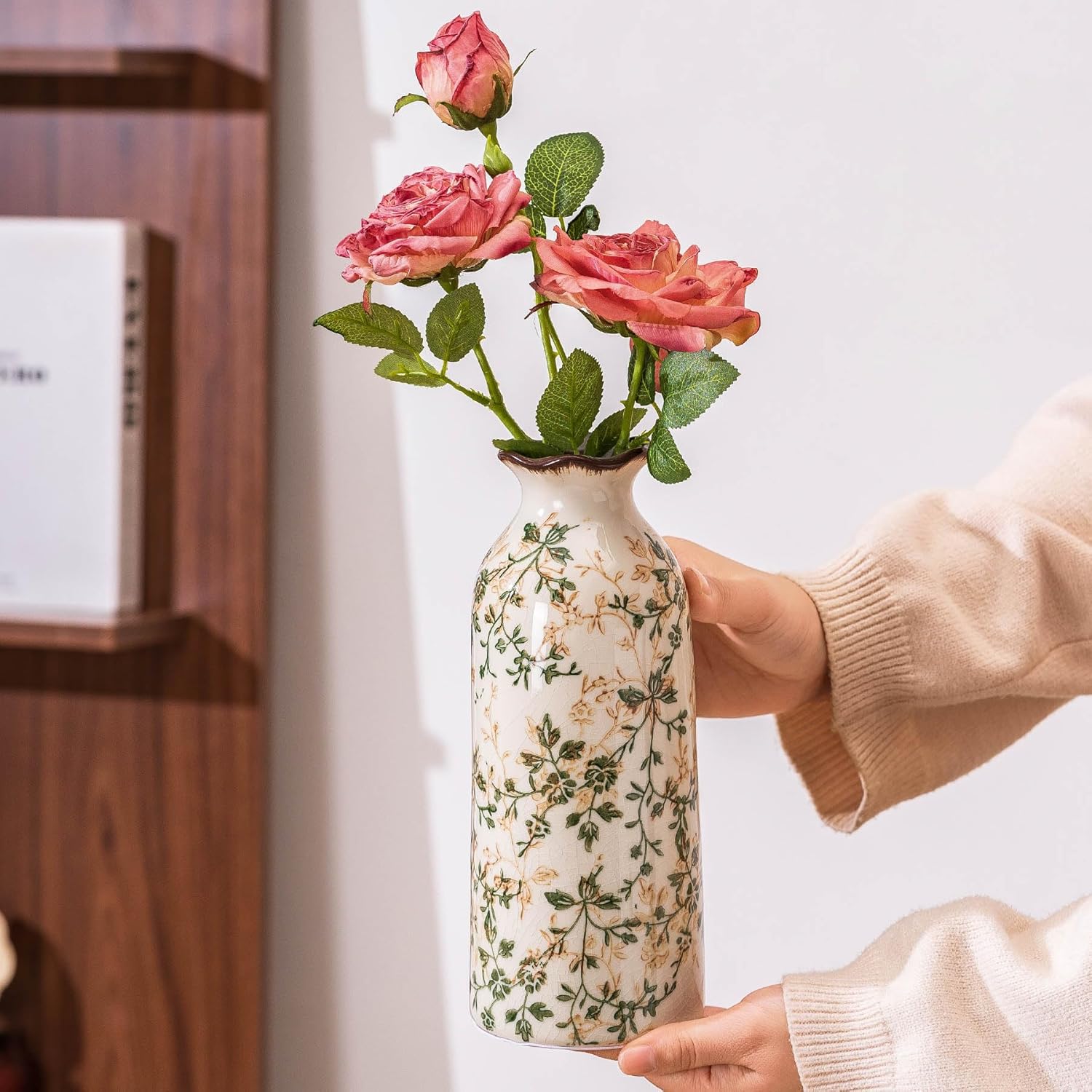 Ceramic Vase Set of 3, Vintage Green and Beige Vases Set, Flower Rustic Chinoiserie Vases Floral Grand Millennial Farmhouse Decor Vase for Home Decor, Living Room, Kitchen, Bedroom, Bookshelf-VerdiqueGarden