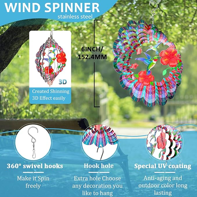 Hummingbird Wind Spinners Outdoor,6in Mandala Wind Spinner Hummingbird Gift for Women Men,Wind Spinner for Yard and Garden,Wind Sculpture for Yard Art Decorations,Christmas Decoration-VerdiqueGarden