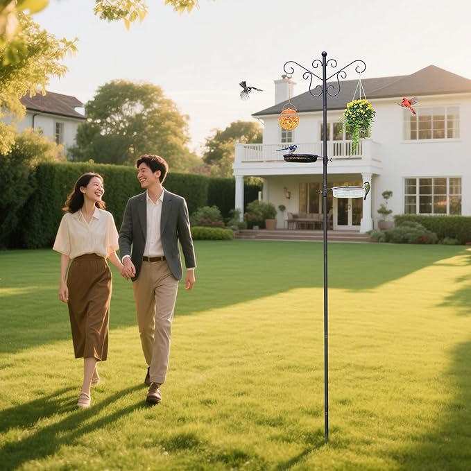 MIXXIDEA Bird Feeding Station Bird Feeder Pole with 5-Prong Base Hanging Hooks Water Bath Mesh Tray Wind-Resistant Water Bowl with Metal Snap Fastening for Outdoors to Attract Wild Birds-VerdiqueGarden