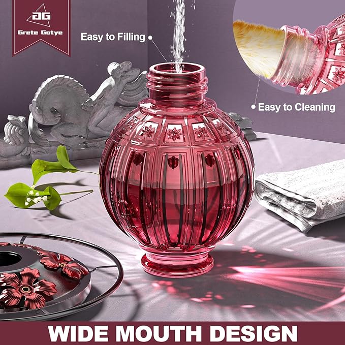 2 Pack Glass Hummingbird Feeder for Outdoors Hanging, Bird Nectar Feeder with Perch & 5 Flower Feeding Ports, 26 Oz Leak Proof for Outside Garden Decor Backyard, Gifts for Women Mom, Red & Pink-VerdiqueGarden