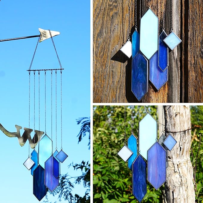 Stained Glass Window Hanging Sun Catcher - Blue Wall Art, Earth Tones Modern Design, Fully Assembled, Ready to Hang, Home or Garden Decor-VerdiqueGarden