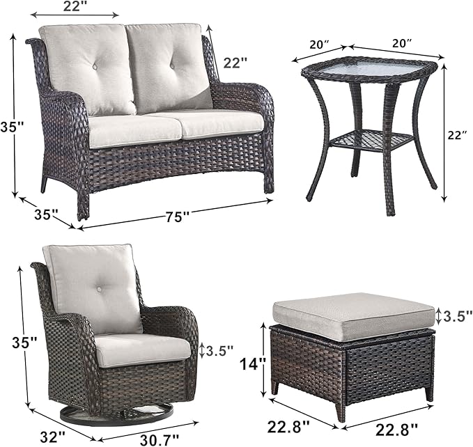 Outdoor Wicker Patio Furniture Set - 6 Piece Rattan Patio Conversation Set with 2 Rocking Swivel Chairs,2 Ottomans,1 Loveseat and 1 Side Table for Porch Deck Backyard Garden(Brown/Beige)-VerdiqueGarden