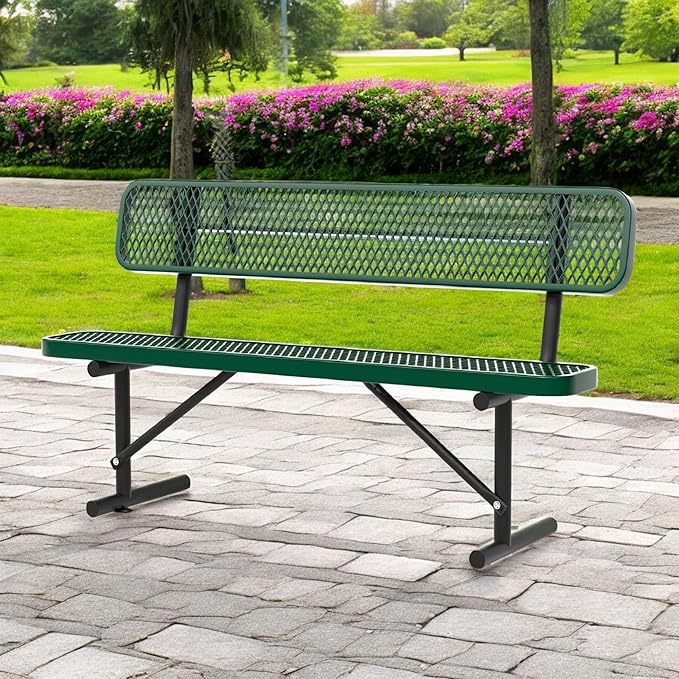 Heavy Duty Park Bench with Back Portable Frame, Outdoor Steel Bench with Backrest, Outdoor Park Bench Expanded Metal Mesh Bench for Lawn, Park, Deck, Garden, Patio, Porch, Black (Green, 6FT)-VerdiqueGarden
