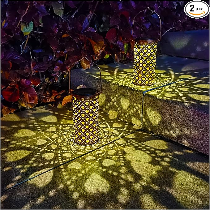 2 Pack Solar Lanterns Outdoor Hanging Heart Pattern Decor Lantern,Waterproof Hollow Out Metal Decorative Garden Light,Graceful Decoration for Patio,Yard,Landscape,Walkway,Festival-VerdiqueGarden
