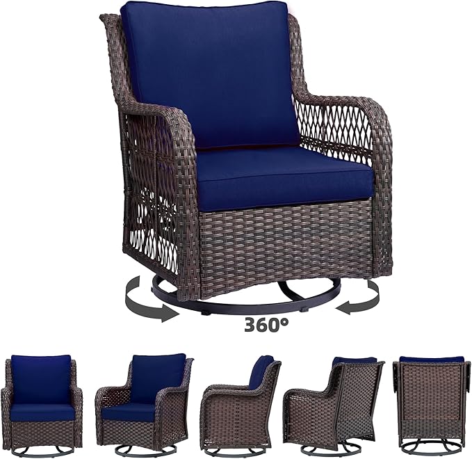 Towallmark Outdoor Swivel Wicker Glider Patio Chairs with Table Set, 3 Pieces Outdoor Bistro Set with 4”Thick Cushions and Coffee Table for Porch, Balcony, Deck (Blue)-VerdiqueGarden