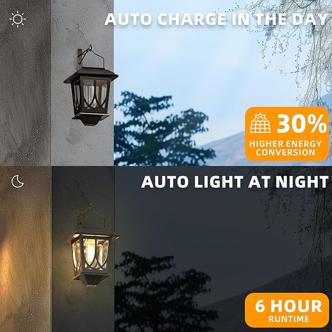 Solar Lanterns Outdoor Waterproof 2 Pack, Glass Auto On/Off LED Hanging Solar Lights, Outdoor Lantern with Wall Mount for Yard Fence Patio - Black-VerdiqueGarden