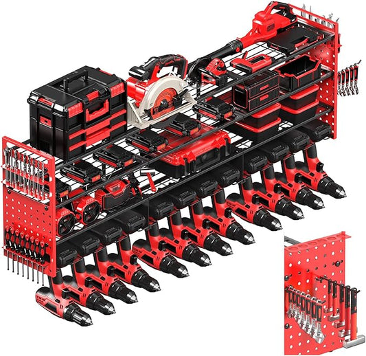 Power Tool Organizer Wall Mount with 12 Drills Holder, 49" Heavy Duty 4-Tier Power Tool Storage Rack, DIY Pegboard Side Panels,4 Long Hooks, Garage Metal Tool Shelf for Battery,Drills-VerdiqueGarden