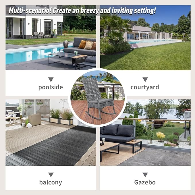 Outdoor Rocking Chair 3 Pieces High-Backed Rocking Chair Patio Rocking Chairs Outdoor Table and Chairs Anti-Slip Cushions Dark Grey-VerdiqueGarden