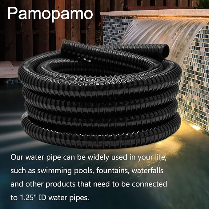 1.25 Inch Pond Tubing, 1-1/4 Dia ID Corrugated Water Pipe, 20 Feet Length Flexible PVC Hose Pipe with Pipe Fittings, Aquarium, Pond Waterfall, Garden Pond Pump Drainage Tube Black-VerdiqueGarden