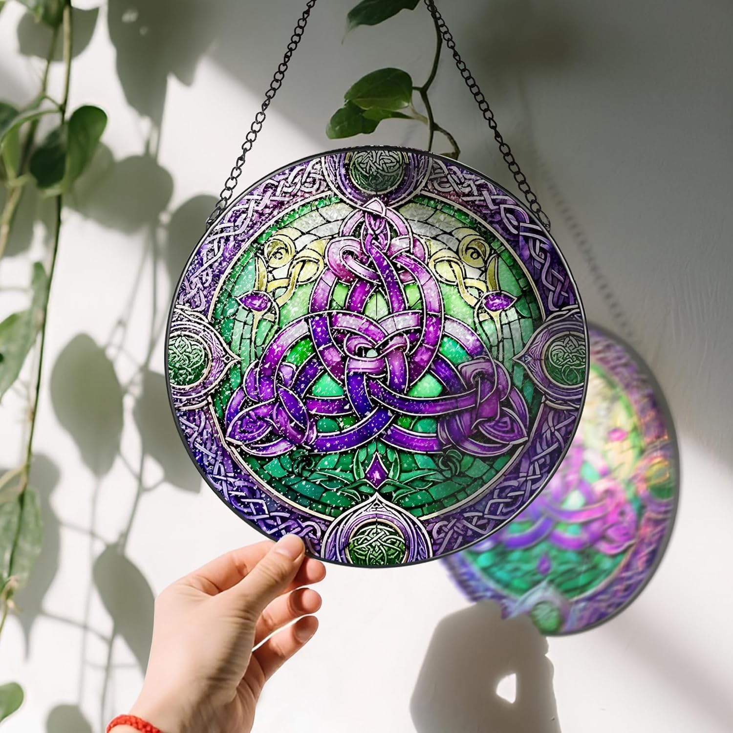 Stained Glass Window Hanging, LAOWEIKI 8'' Celtic Knot Suncatcher, Stained Glass Ornament, Suncatchers for Windows Hanging, Window Decor, Outdoor or Indoor, Gifts for Friends, Women, Art Lover-VerdiqueGarden
