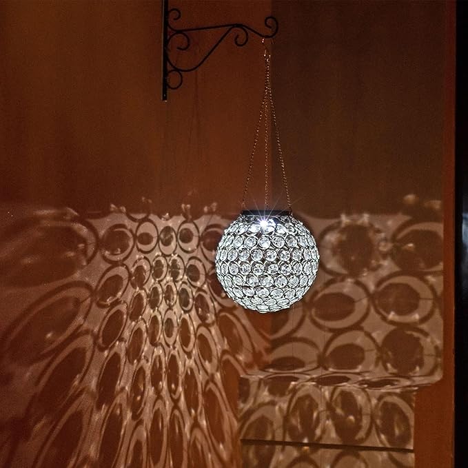 Solar Lantern Hanging Outdoor Christmas Decorative, Dual LEDs Dia 7.5‘’ Color Changing and Cool White Crystal Globe Hanging Lights Waterproof with S Hooks Decor in Garden, Pathway, Front Door-Clear-VerdiqueGarden